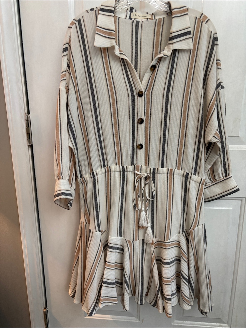 By Together Cream Striped Button-Front Drawstring Dress